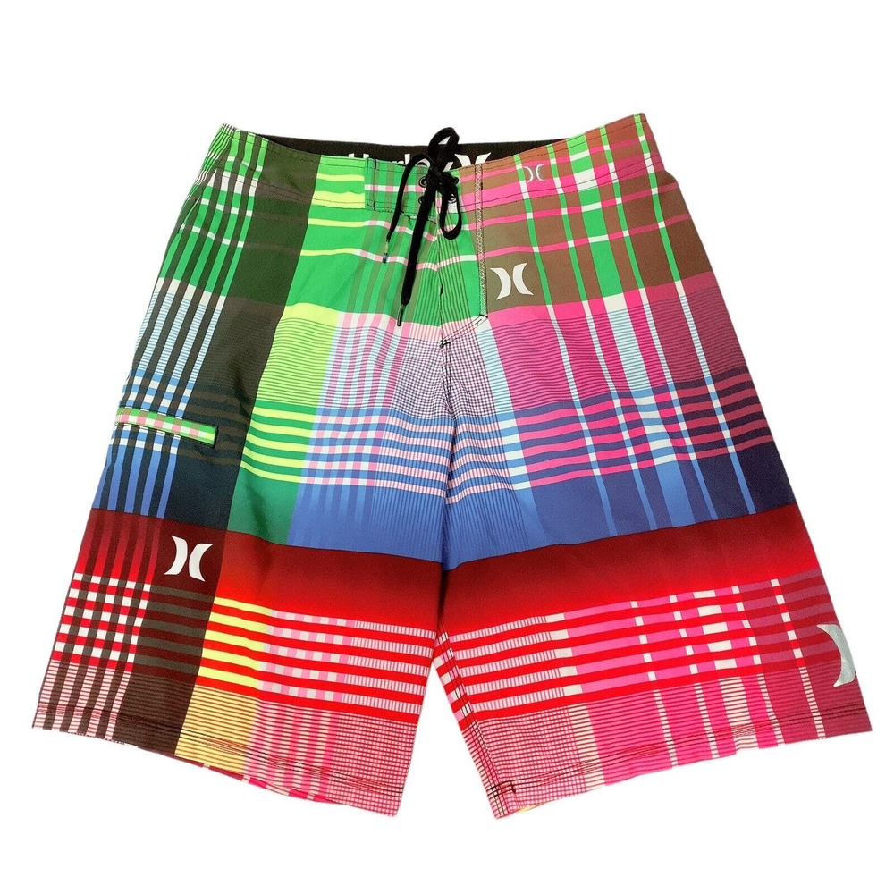 Hurley Men's Sz 30 Rainbow Multicolored Shorts Plaid Swim Board Flat Front